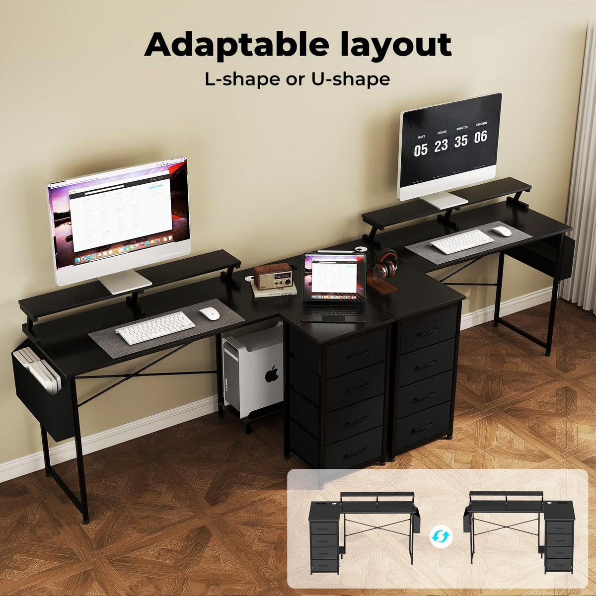 Levede L Shaped Gaming Desk, Built-in Power Outlets & USB Ports, Computer Desk with Storage Drawers & Side Bag for Home Office & Gaming PC Setup, Black
