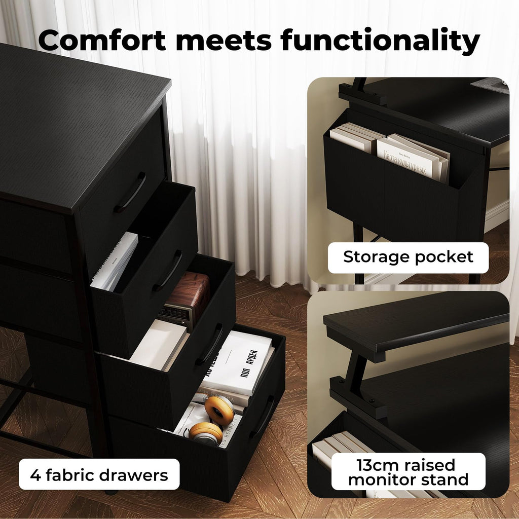 Levede L Shaped Gaming Desk, Built-in Power Outlets & USB Ports, Computer Desk with Storage Drawers & Side Bag for Home Office & Gaming PC Setup, Black