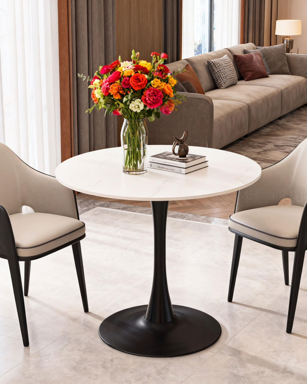 27.6" Round Dining Tulip Table with Marble Top and Iron Base - Modern & Elegant Design for Home & Restaurant Use Living Room, Café Coffee Table