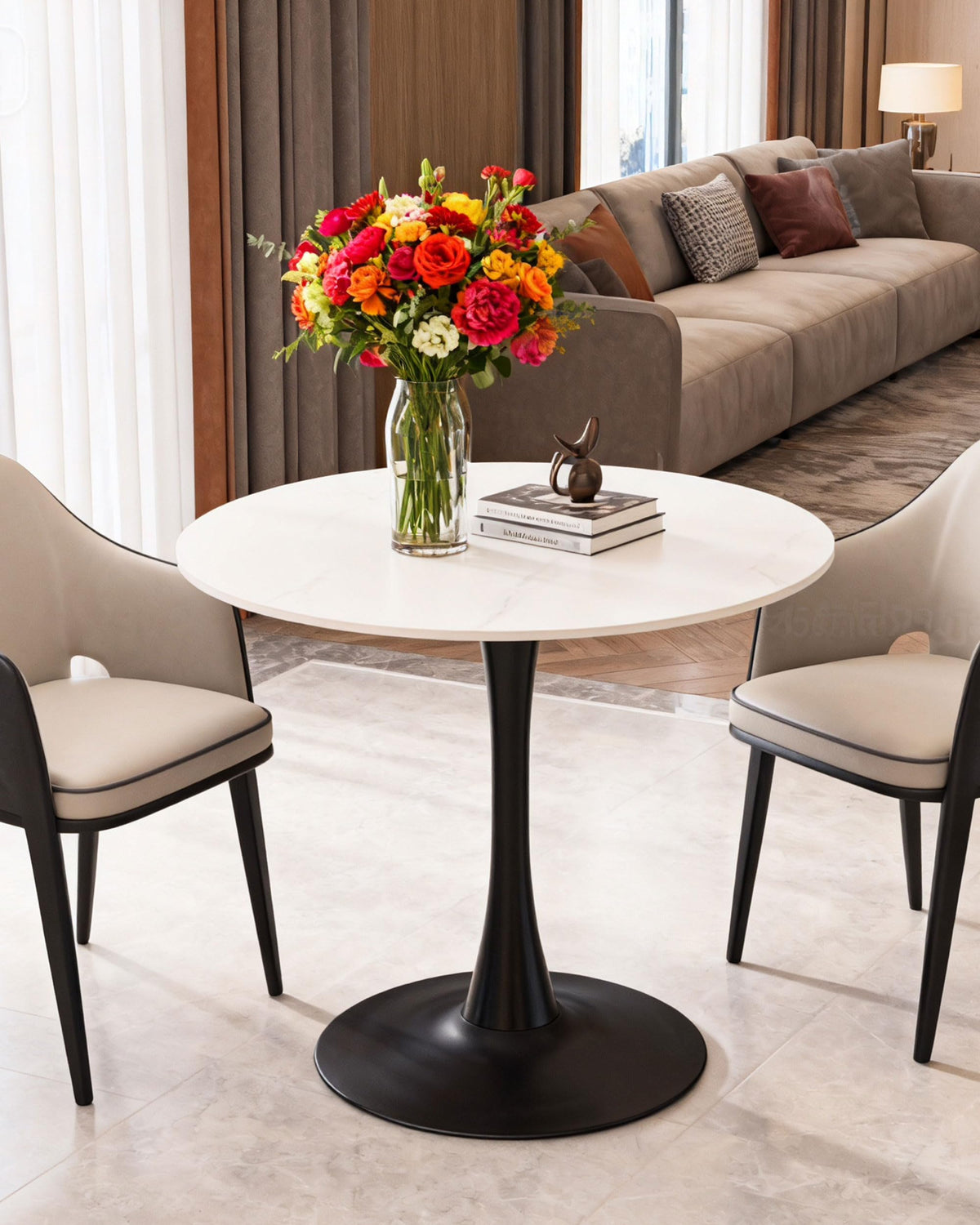 27.6" Round Dining Tulip Table with Marble Top and Iron Base - Modern & Elegant Design for Home & Restaurant Use Living Room, Café Coffee Table