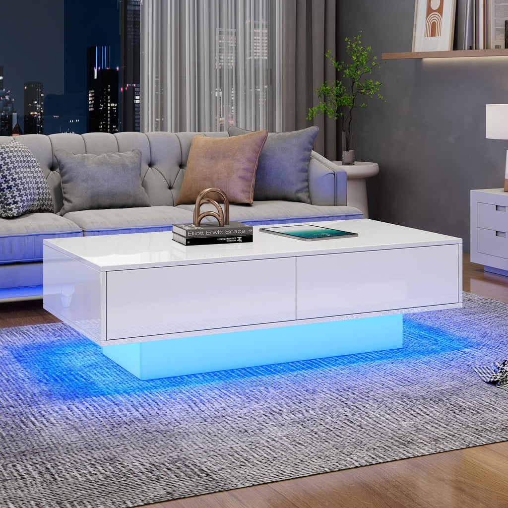 LED Coffee Table with Storage White High Gloss Coffee Table for Living Room with 16 Colors, 2 Drawers, and Remote Control – Modern Rectangular Table for Living Room, Office, and Store 115x55x34cm