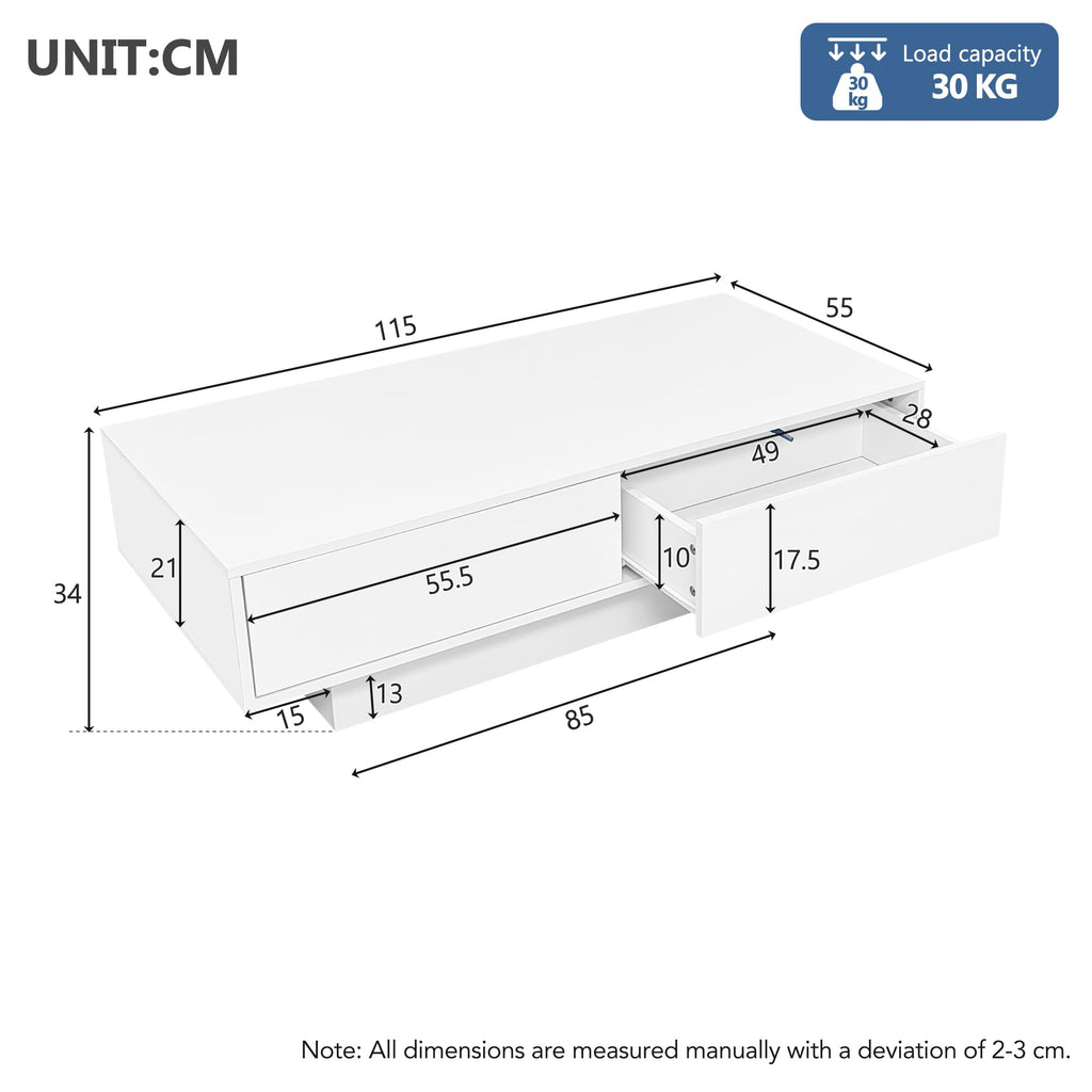 LED Coffee Table with Storage White High Gloss Coffee Table for Living Room with 16 Colors, 2 Drawers, and Remote Control – Modern Rectangular Table for Living Room, Office, and Store 115x55x34cm