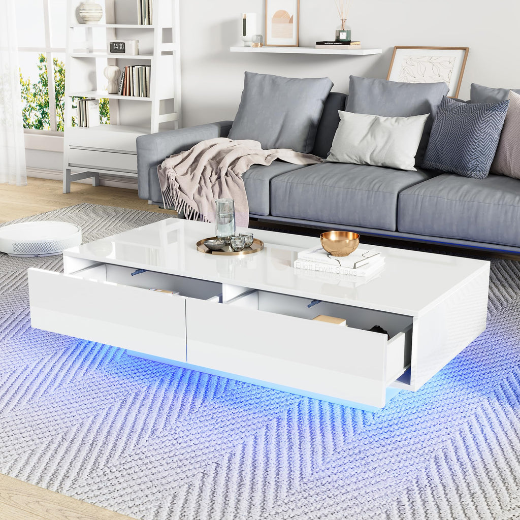 LED Coffee Table with Storage White High Gloss Coffee Table for Living Room with 16 Colors, 2 Drawers, and Remote Control – Modern Rectangular Table for Living Room, Office, and Store 115x55x34cm