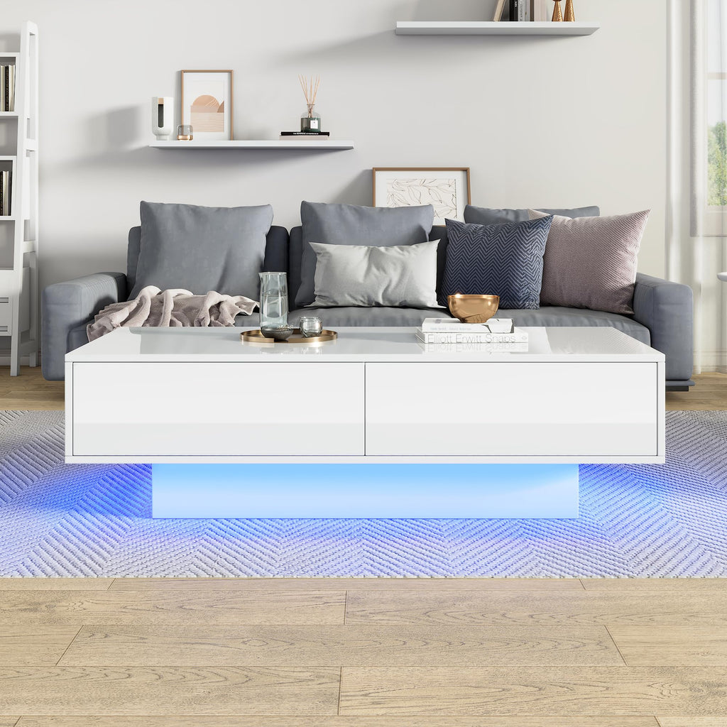 LED Coffee Table with Storage White High Gloss Coffee Table for Living Room with 16 Colors, 2 Drawers, and Remote Control – Modern Rectangular Table for Living Room, Office, and Store 115x55x34cm