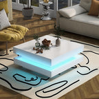 WF324126WAA Bright White Square Coffee Table with Turntable - Modern Techno Style with LED Light, 70 x 70 x 36 cm, 360 Degree Rotating Table