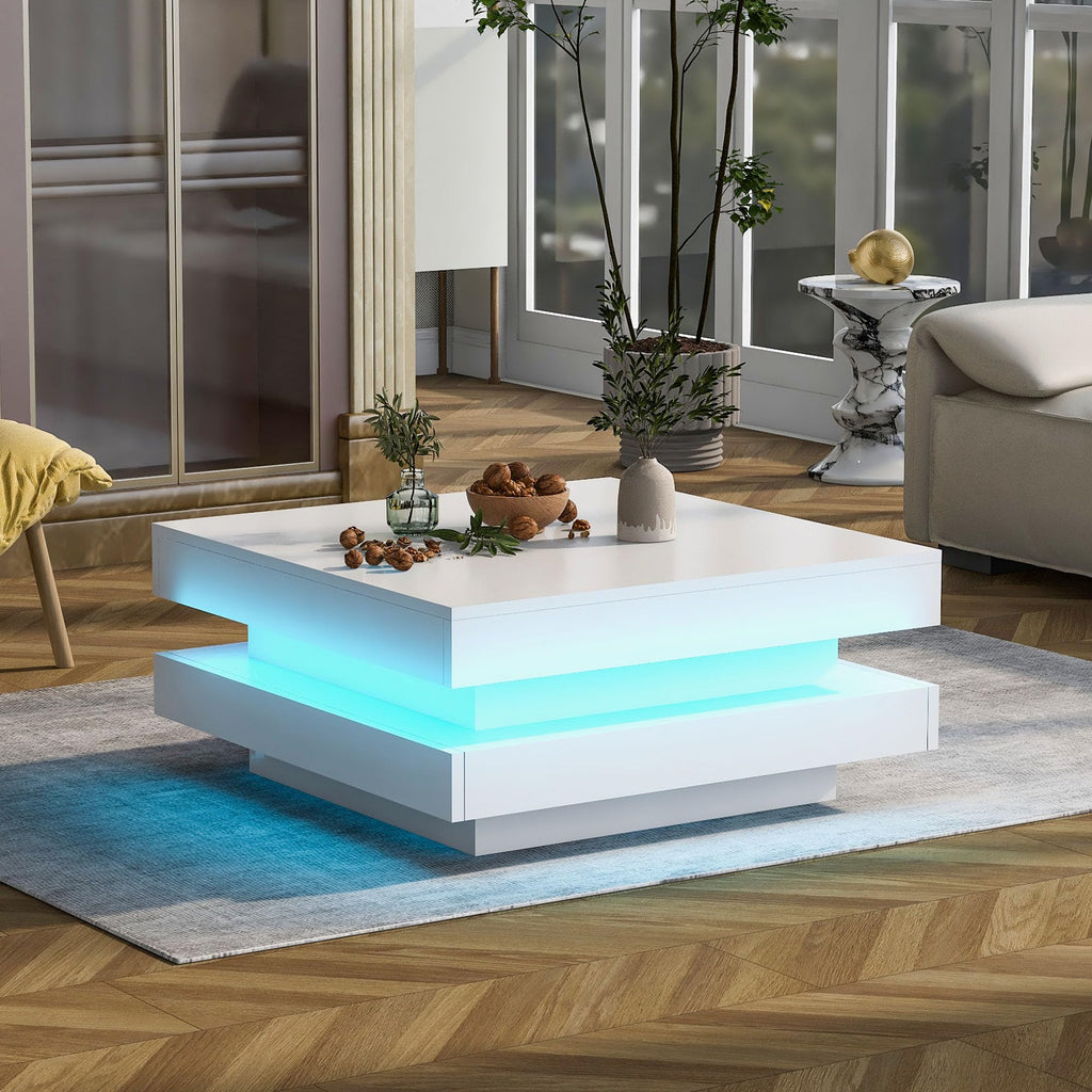 WF324126WAA Bright White Square Coffee Table with Turntable - Modern Techno Style with LED Light, 70 x 70 x 36 cm, 360 Degree Rotating Table