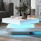 WF324126WAA Bright White Square Coffee Table with Turntable - Modern Techno Style with LED Light, 70 x 70 x 36 cm, 360 Degree Rotating Table