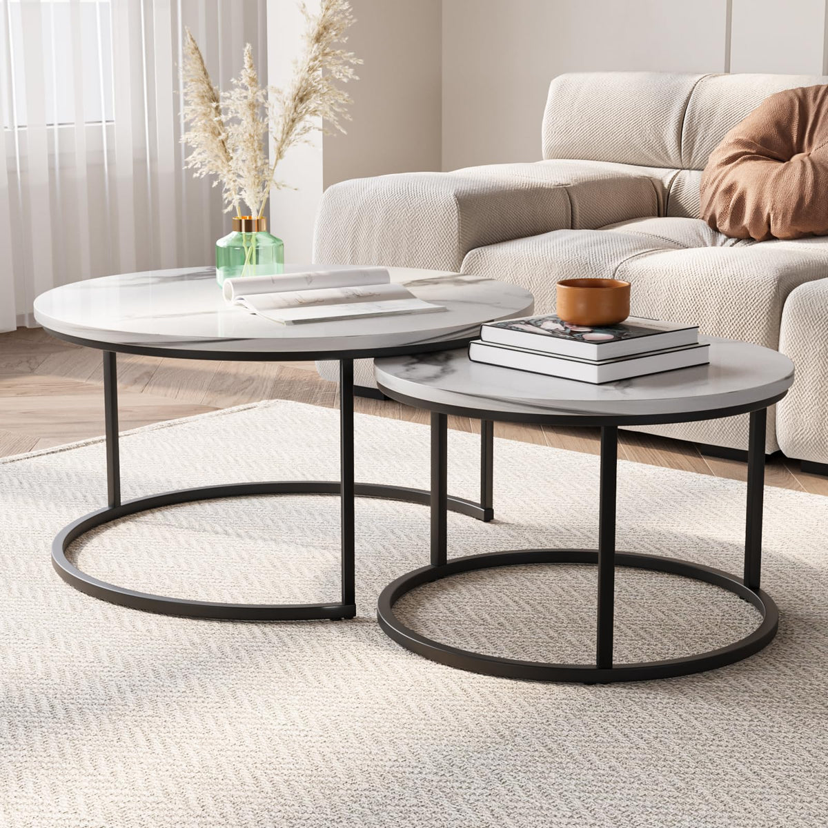 Semiocthome Round Nesting Coffee Table, White Modern Accent Coffee Tables Set of 2, Marble Coffee Table for Living Room Office Small Space, End Side Nesting Tables with Sturdy Metal Frame