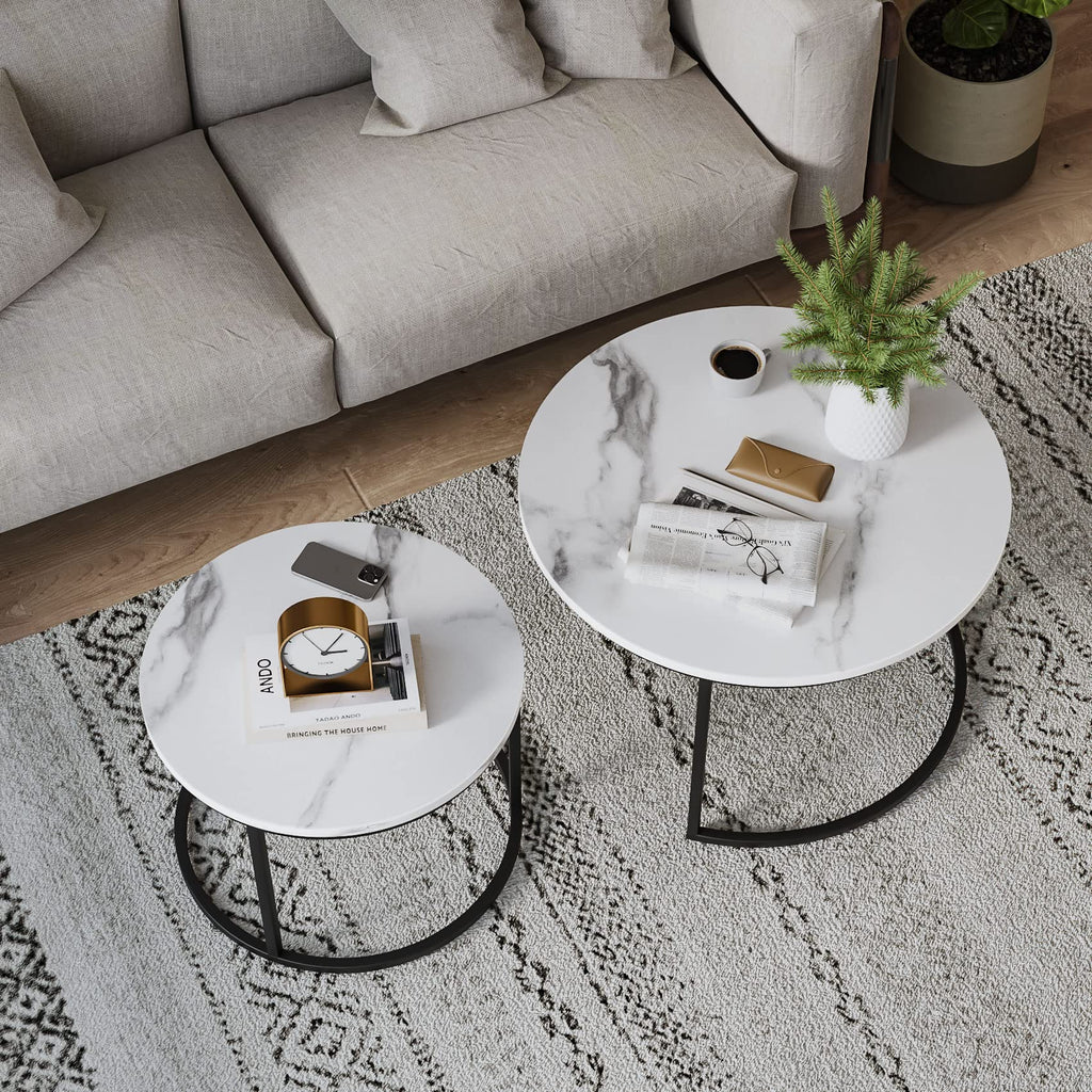 Semiocthome Round Nesting Coffee Table, White Modern Accent Coffee Tables Set of 2, Marble Coffee Table for Living Room Office Small Space, End Side Nesting Tables with Sturdy Metal Frame