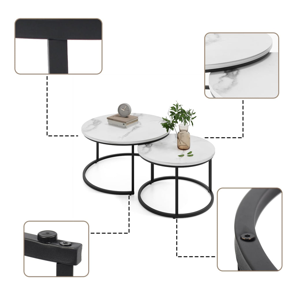 Semiocthome Round Nesting Coffee Table, White Modern Accent Coffee Tables Set of 2, Marble Coffee Table for Living Room Office Small Space, End Side Nesting Tables with Sturdy Metal Frame