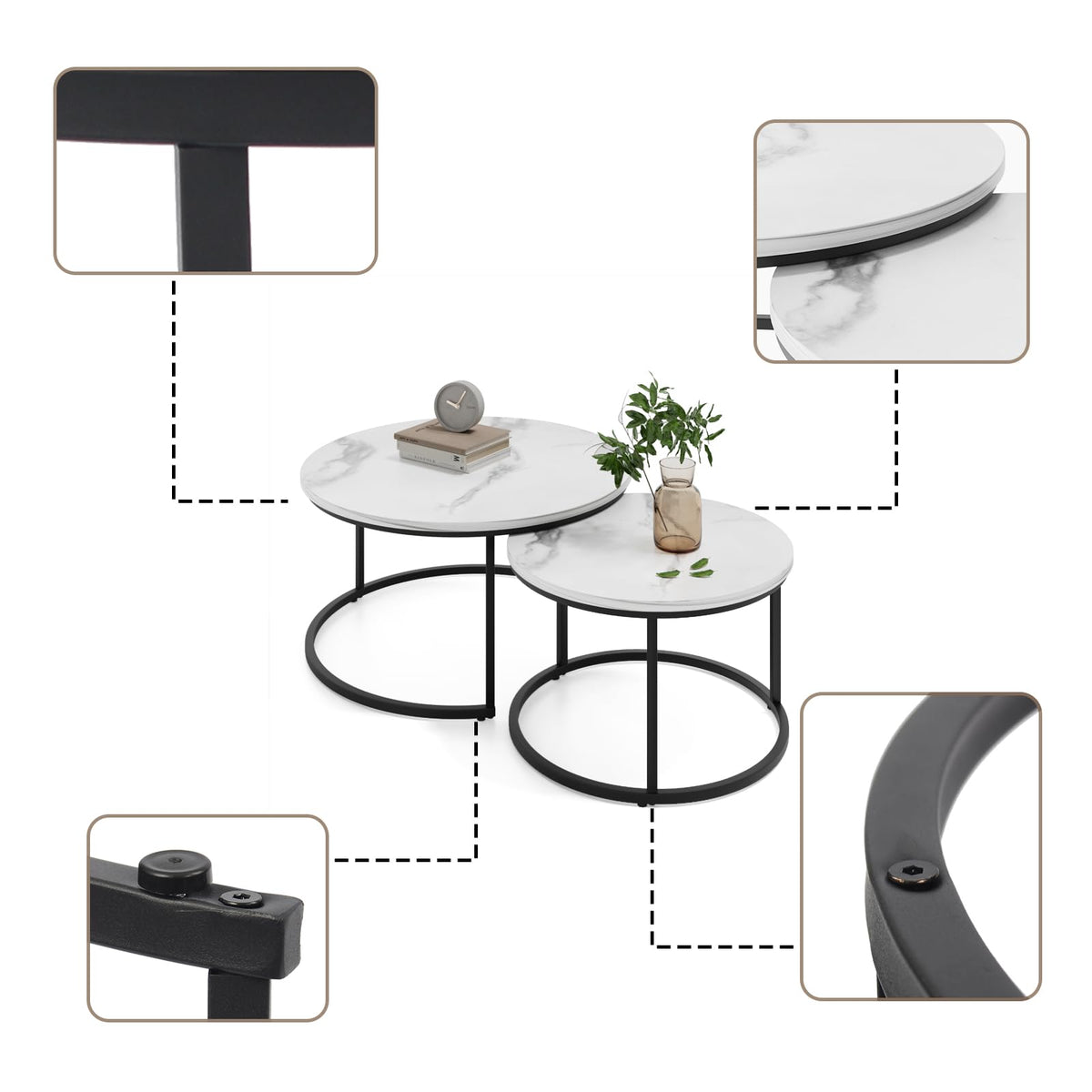 Semiocthome Round Nesting Coffee Table, White Modern Accent Coffee Tables Set of 2, Marble Coffee Table for Living Room Office Small Space, End Side Nesting Tables with Sturdy Metal Frame
