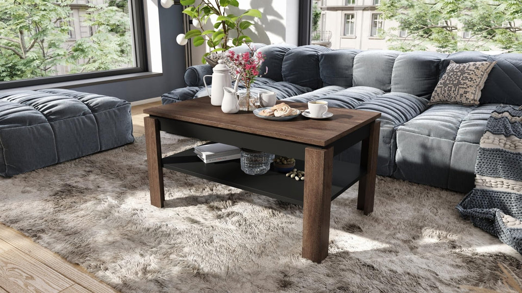 designimpex Asti-P Designer Coffee Table Height-Adjustable 55-67 cm Dark Oak Matt Black