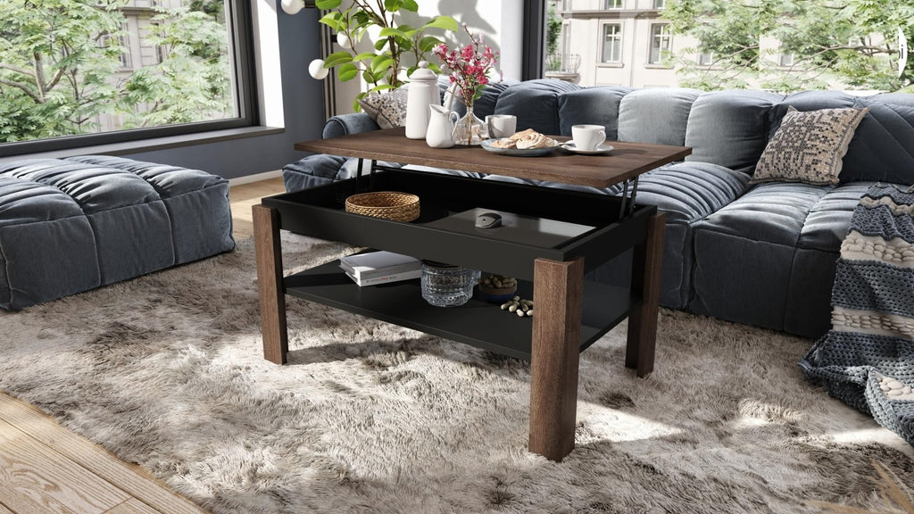 designimpex Asti-P Designer Coffee Table Height-Adjustable 55-67 cm Dark Oak Matt Black
