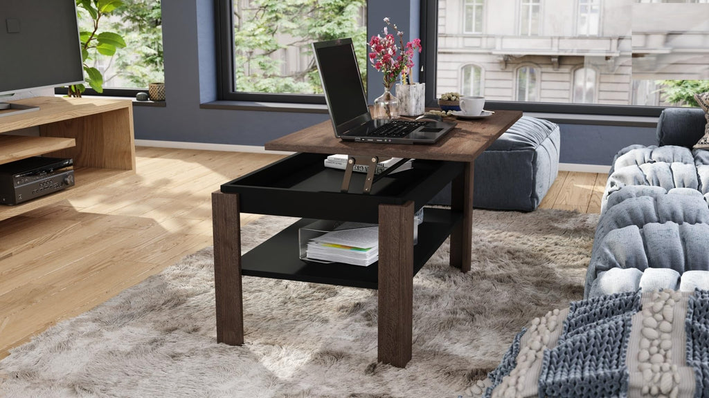 designimpex Asti-P Designer Coffee Table Height-Adjustable 55-67 cm Dark Oak Matt Black