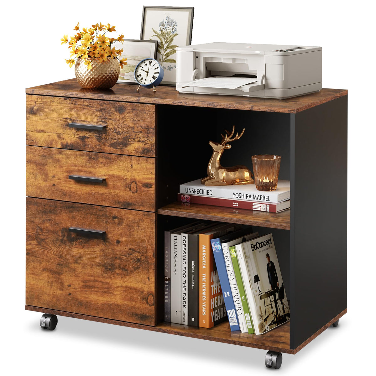 DEVAISE 3-Drawer Mobile File Cabinet, Lateral Filing Cabinet, Rustic Brown