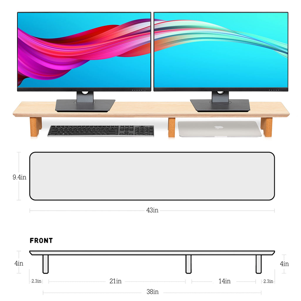 Aothia 43 inch Oak Solid Wood Dual Monitor Stand for Desk, Cork Legs