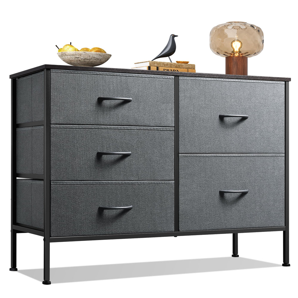 WLIVE 5 Drawer Fabric Dresser for Bedroom, Wide Storage Chest, Dark Grey