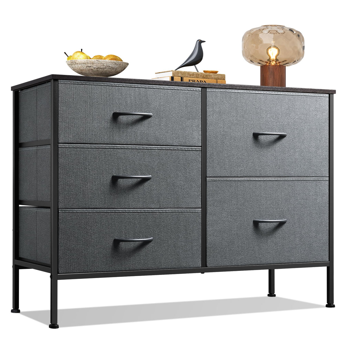 WLIVE 5 Drawer Fabric Dresser for Bedroom, Wide Storage Chest, Dark Grey
