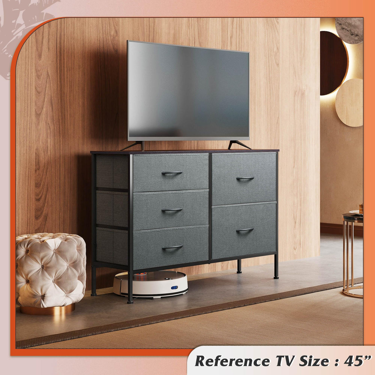 WLIVE 5 Drawer Fabric Dresser for Bedroom, Wide Storage Chest, Dark Grey
