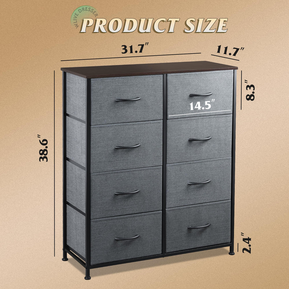 WLIVE 8 Drawer Fabric Dresser for Bedroom, Tall Storage Tower, Dark Grey