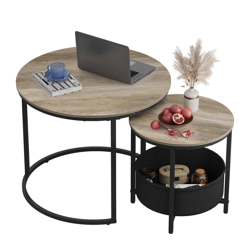 WLIVE Design Coffee Table with Fabric Storage Basket, Durable MDF Top 60 x 60 x 51 cm, Metal Frame and Adjustable Legs, Holds up to 30 kg, Natural Oak Colour