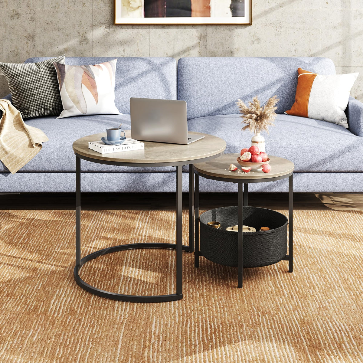 WLIVE Design Coffee Table with Fabric Storage Basket, Durable MDF Top 60 x 60 x 51 cm, Metal Frame and Adjustable Legs, Holds up to 30 kg, Natural Oak Colour