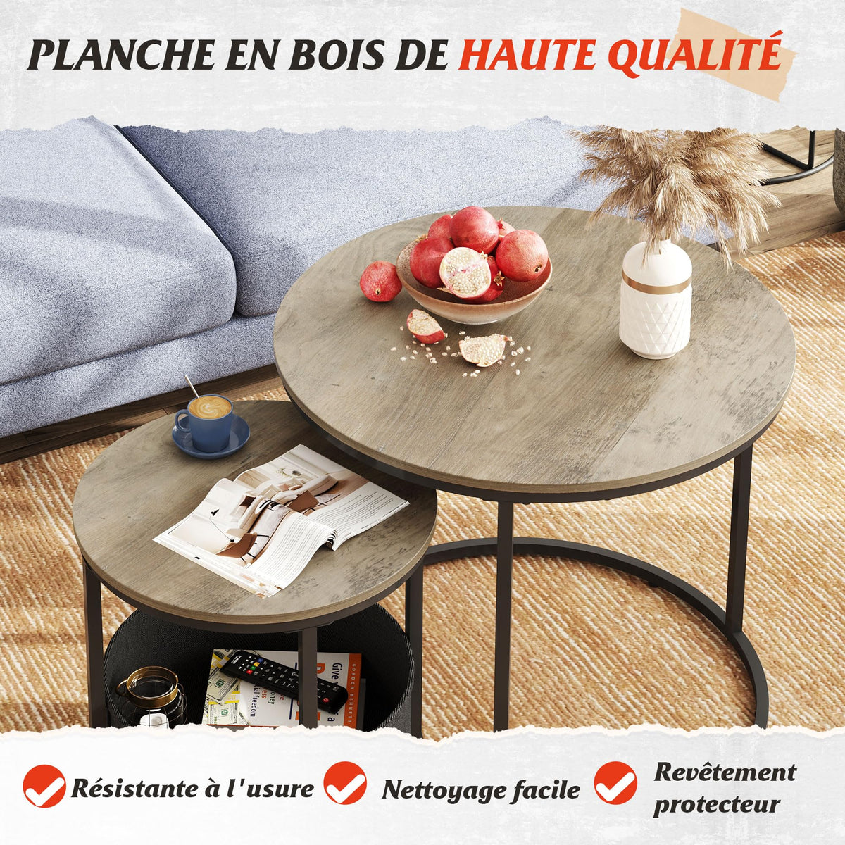 WLIVE Design Coffee Table with Fabric Storage Basket, Durable MDF Top 60 x 60 x 51 cm, Metal Frame and Adjustable Legs, Holds up to 30 kg, Natural Oak Colour
