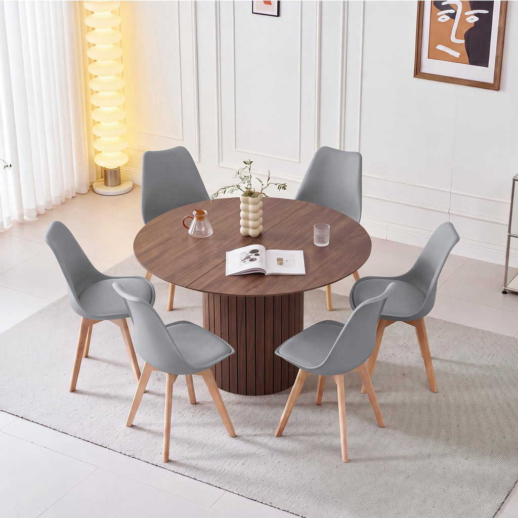 120cm Round Dining Table with 6 Dining Chairs, Round Kitchen Table with Wooden Base, MDF Board, Kitchen Chairs with Plastic Backrest for 4-6 People, Dark Brown+Grey