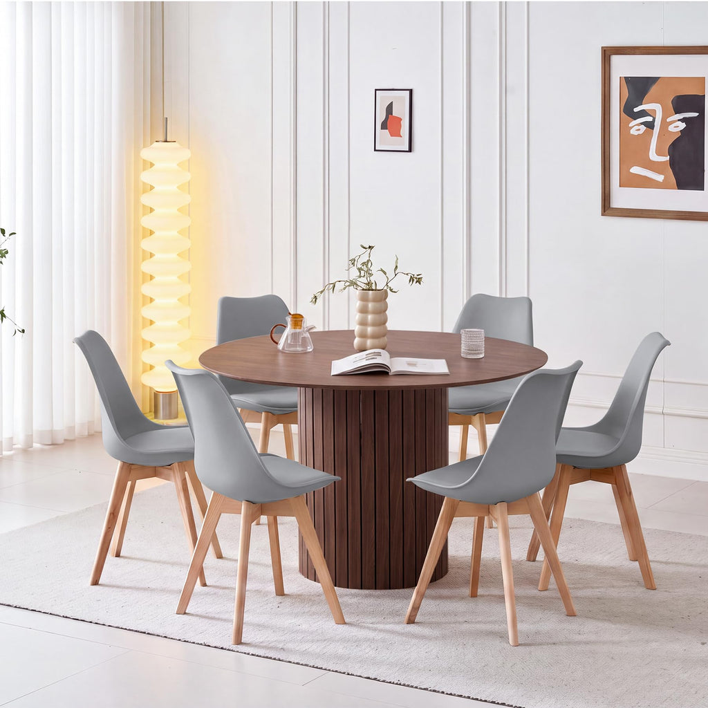 120cm Round Dining Table with 6 Dining Chairs, Round Kitchen Table with Wooden Base, MDF Board, Kitchen Chairs with Plastic Backrest for 4-6 People, Dark Brown+Grey