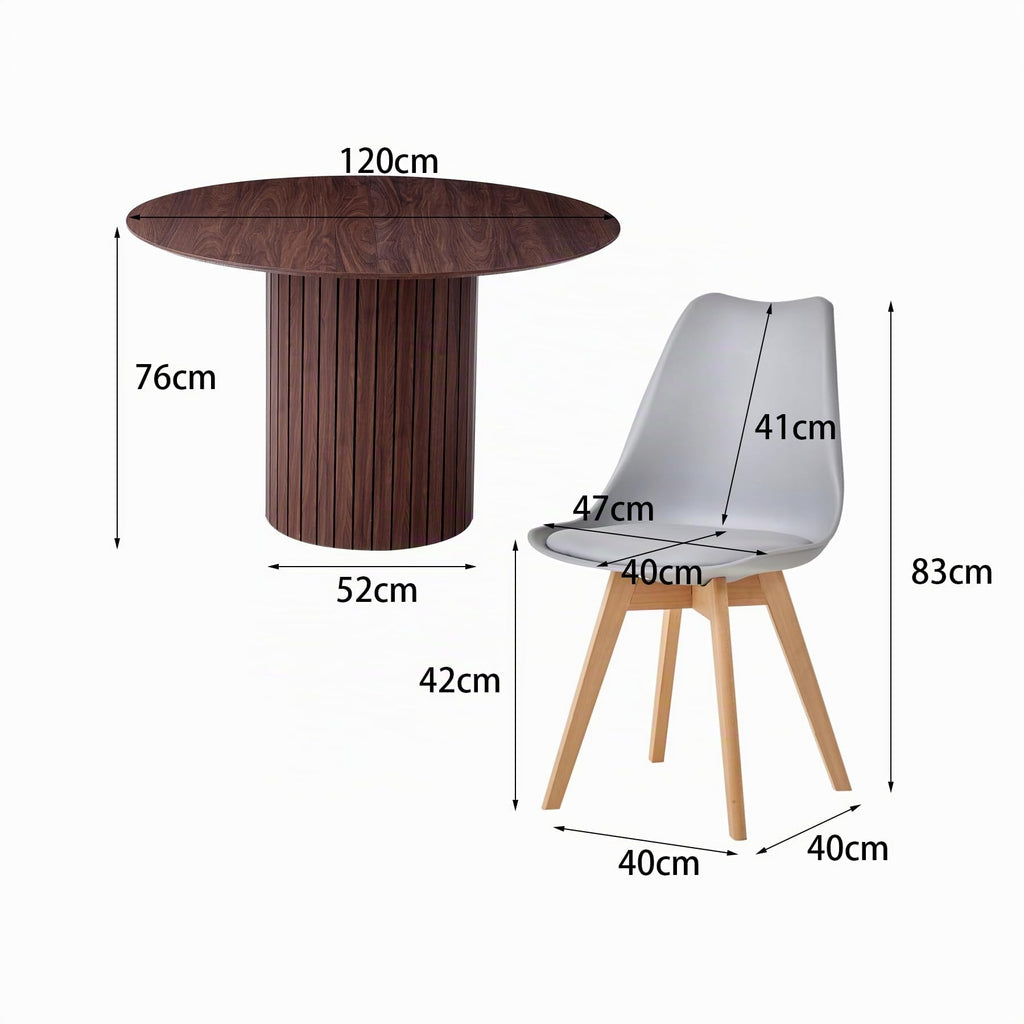 120cm Round Dining Table with 6 Dining Chairs, Round Kitchen Table with Wooden Base, MDF Board, Kitchen Chairs with Plastic Backrest for 4-6 People, Dark Brown+Grey