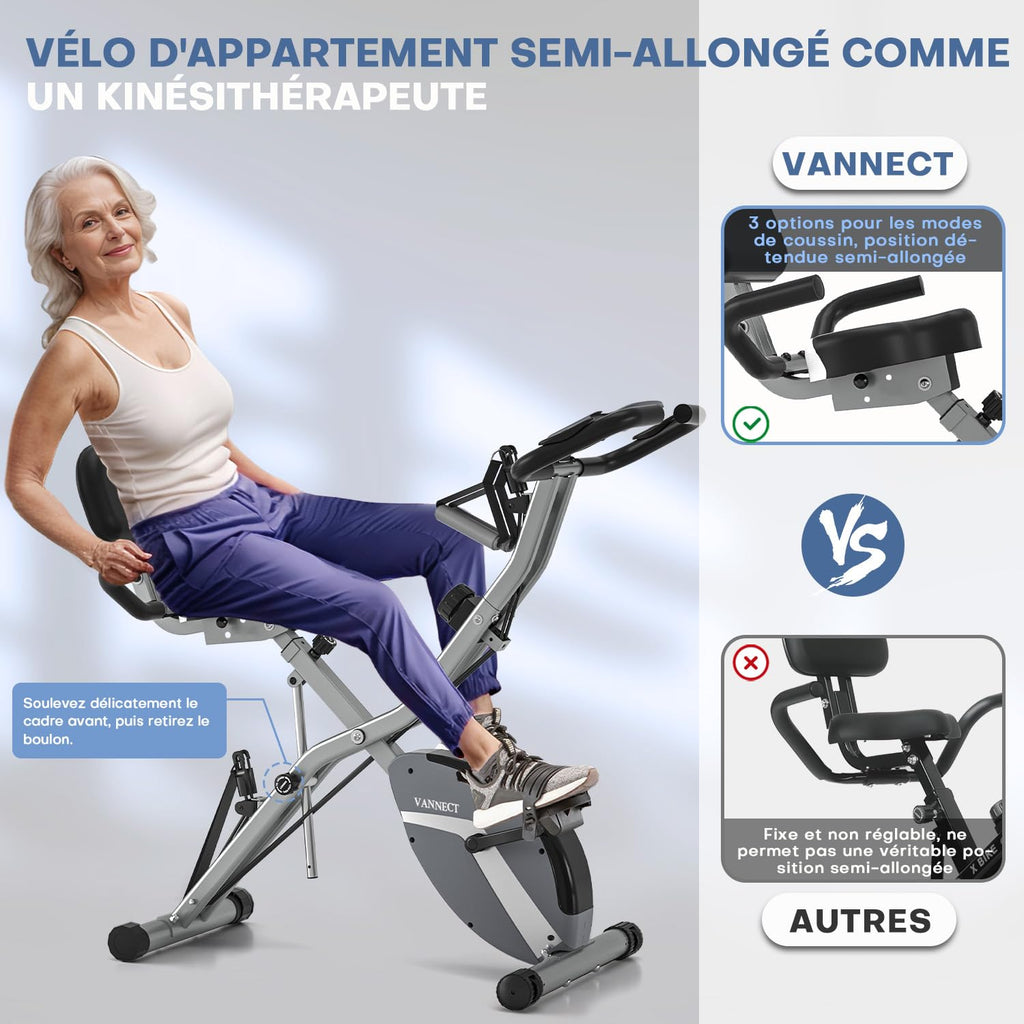 VANNECT Vélo d'appartement pliable avec 16 niveaux de résistance magnétique, capteur de fréquence cardiaque, moniteur LCD et siège confortable pour la maison et le bureau, jusqu'à 150 kg