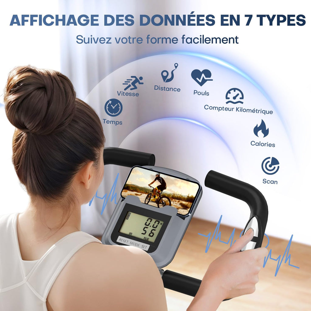 VANNECT Vélo d'appartement pliable avec 16 niveaux de résistance magnétique, capteur de fréquence cardiaque, moniteur LCD et siège confortable pour la maison et le bureau, jusqu'à 150 kg