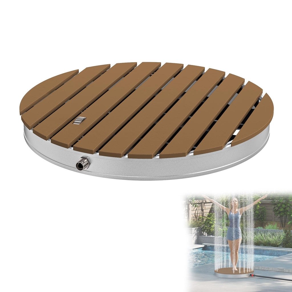 YRHome Garden shower, floor shower, outdoor shower, camping shower, aluminum/WPC, Sauna shower, round, Ø 70cm, fountain height up to 4 m, non-slip stand, weather-resistant, wood look for garden, pool,