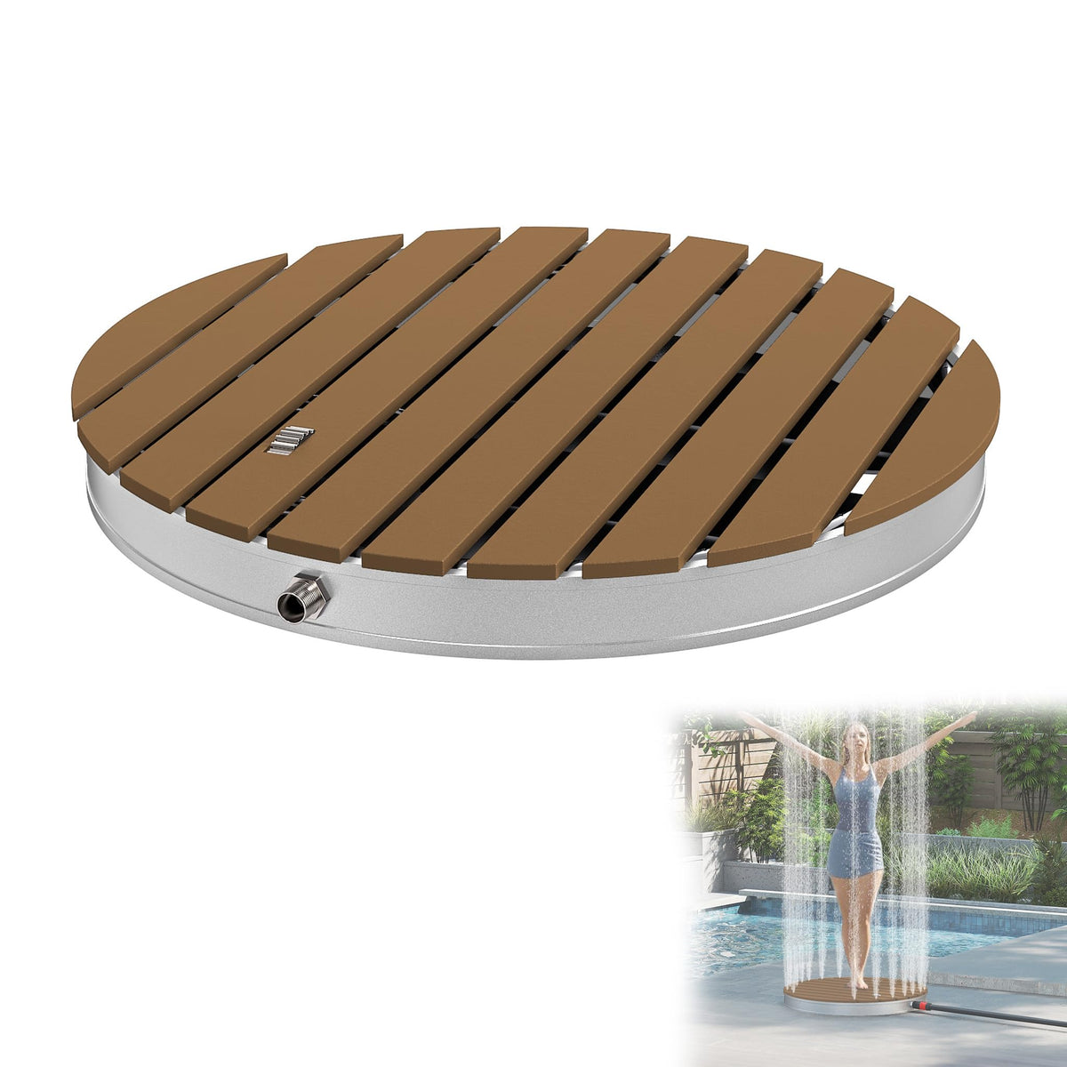 YRHome Garden shower, floor shower, outdoor shower, camping shower, aluminum/WPC, Sauna shower, round, Ø 70cm, fountain height up to 4 m, non-slip stand, weather-resistant, wood look for garden, pool,
