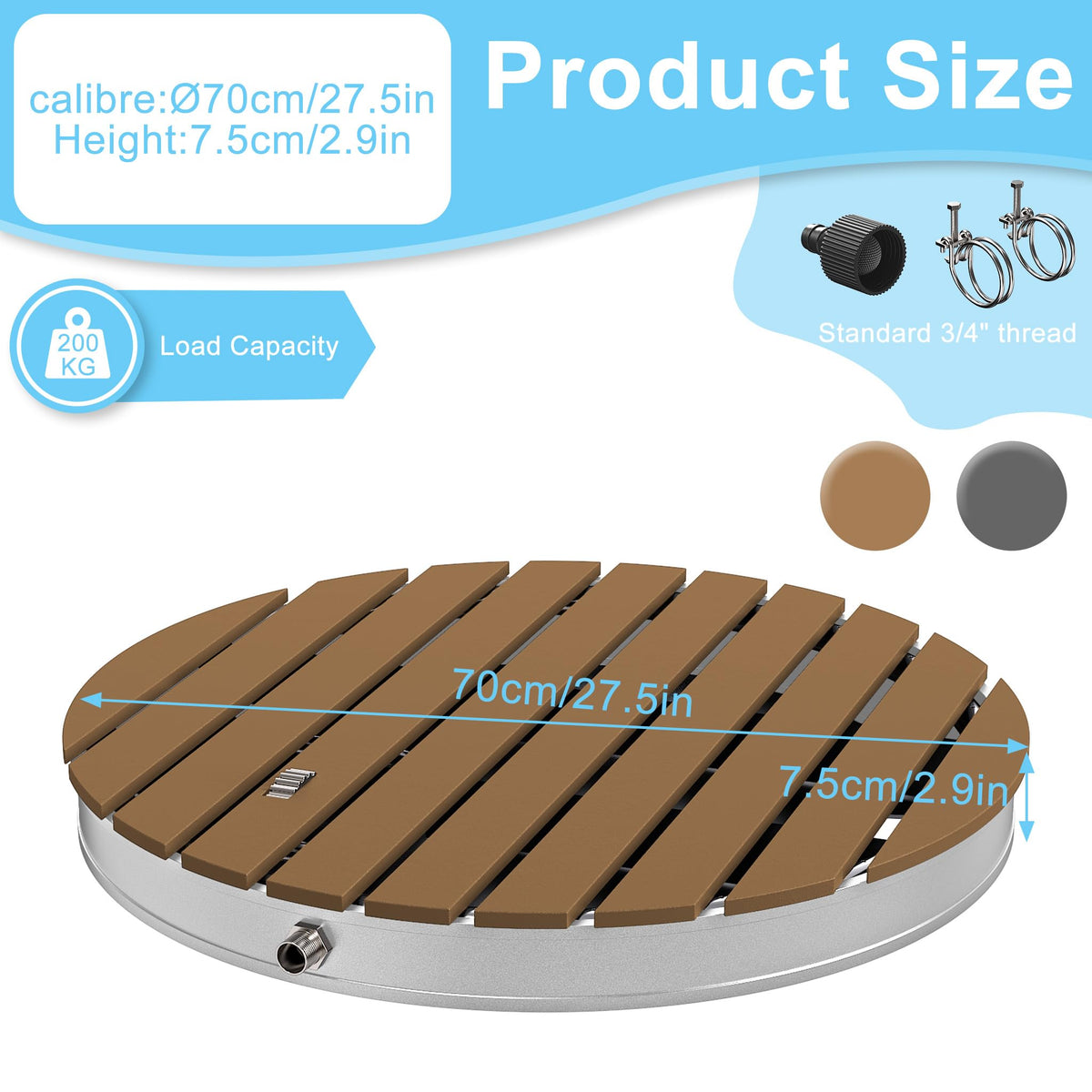 YRHome Garden shower, floor shower, outdoor shower, camping shower, aluminum/WPC, Sauna shower, round, Ø 70cm, fountain height up to 4 m, non-slip stand, weather-resistant, wood look for garden, pool,