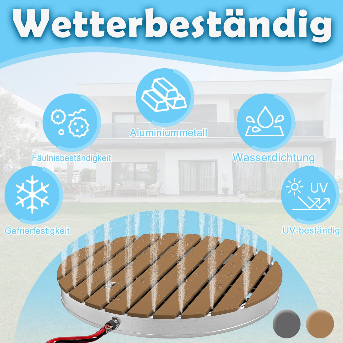 YRHome Garden shower, floor shower, outdoor shower, camping shower, aluminum/WPC, Sauna shower, round, Ø 70cm, fountain height up to 4 m, non-slip stand, weather-resistant, wood look for garden, pool,