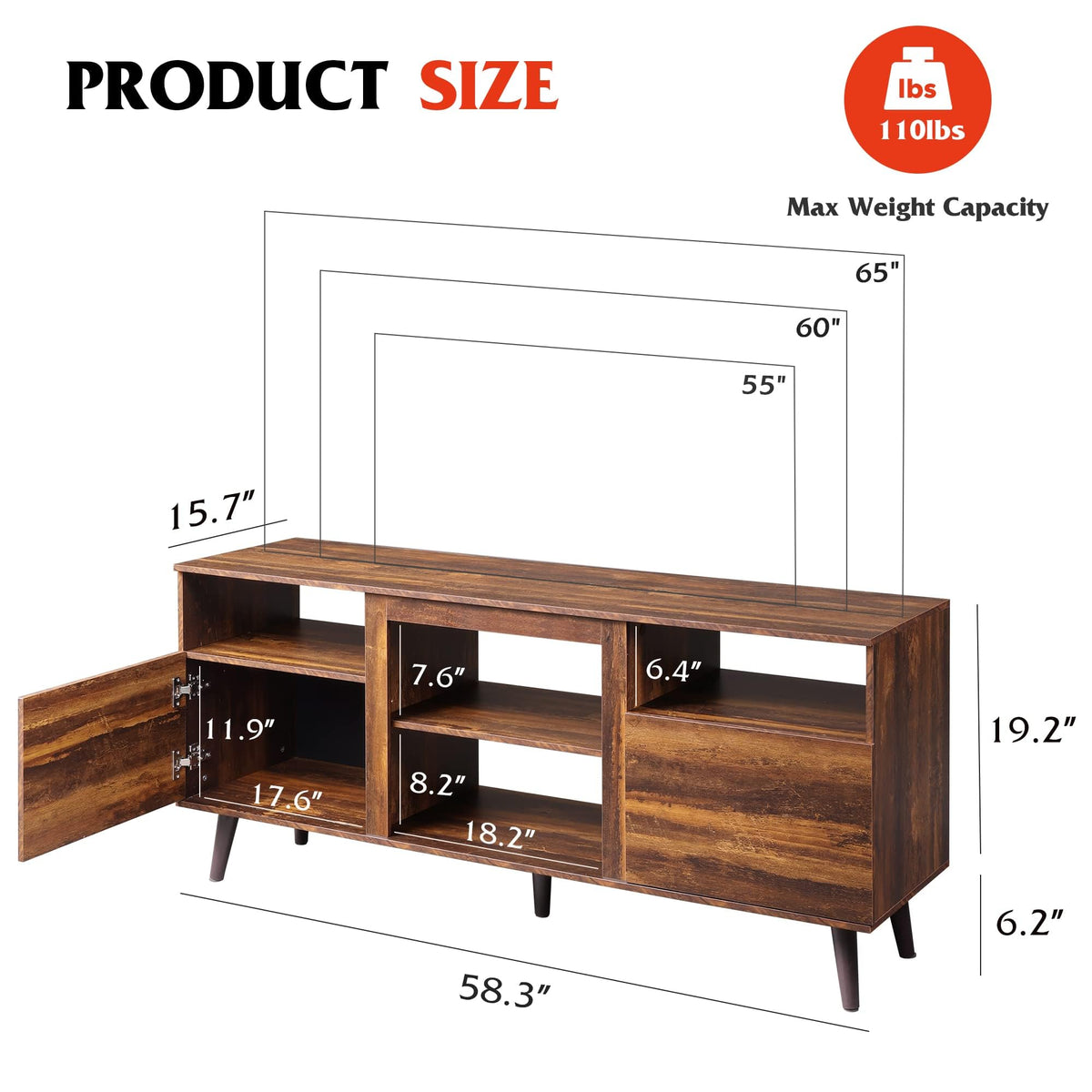 WLIVE Mid-Century TV Stand for TVs Up to 65", Storage Cabinet, Retro Brown