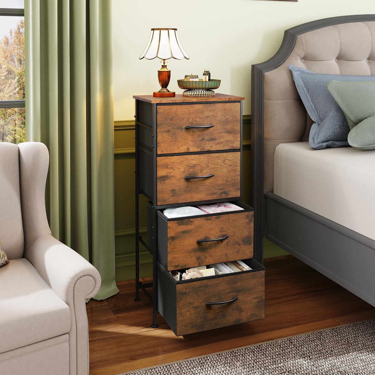 WLIVE Chest of Drawers with 4 Fabric Drawers, Storage Unit, Rustic Brown