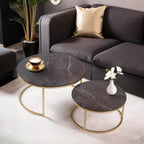 Round Black Marble Effect Side Table with Gold Frame Living Room Sofa Coffee Table Modern Round Coffee Table Coffee Table Set of 80cm and 60cm Diameter