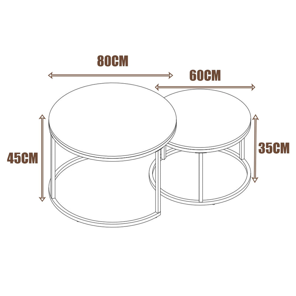 Round Black Marble Effect Side Table with Gold Frame Living Room Sofa Coffee Table Modern Round Coffee Table Coffee Table Set of 80cm and 60cm Diameter