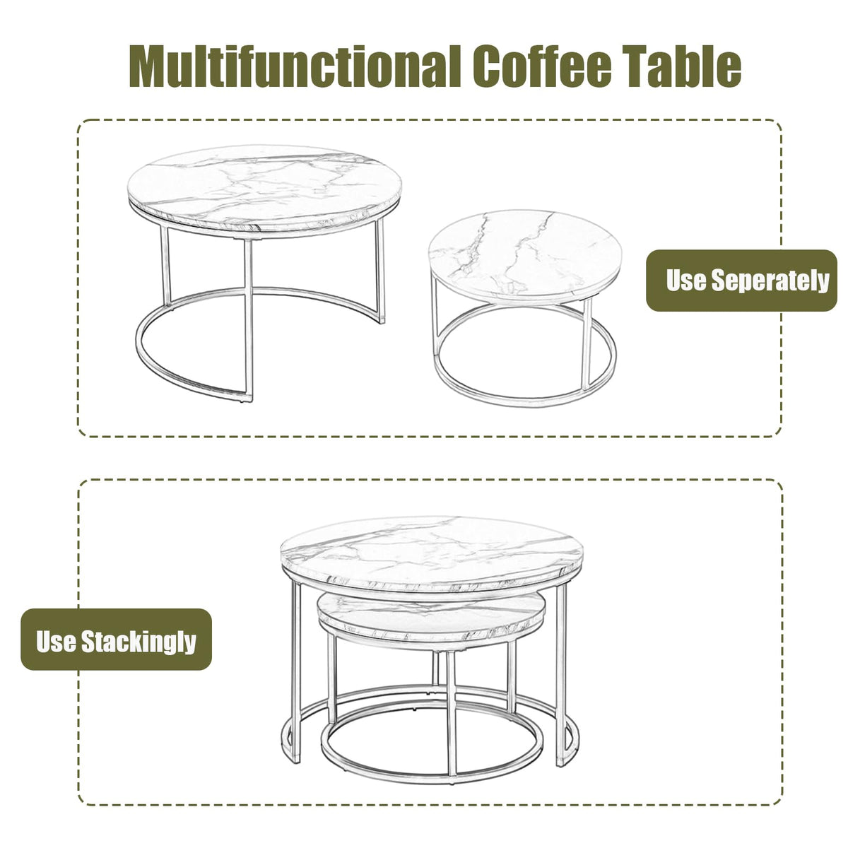 Round Black Marble Effect Side Table with Gold Frame Living Room Sofa Coffee Table Modern Round Coffee Table Coffee Table Set of 80cm and 60cm Diameter