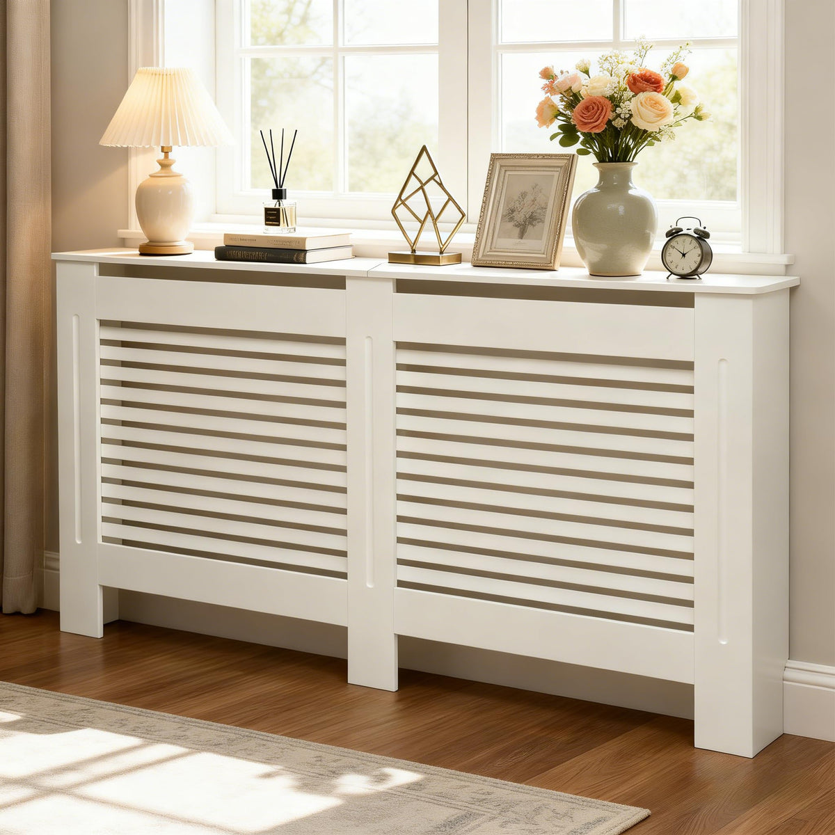 FATIVO 90cm Tall Radiator Cover Extra Height White MDF Horizontal Slat