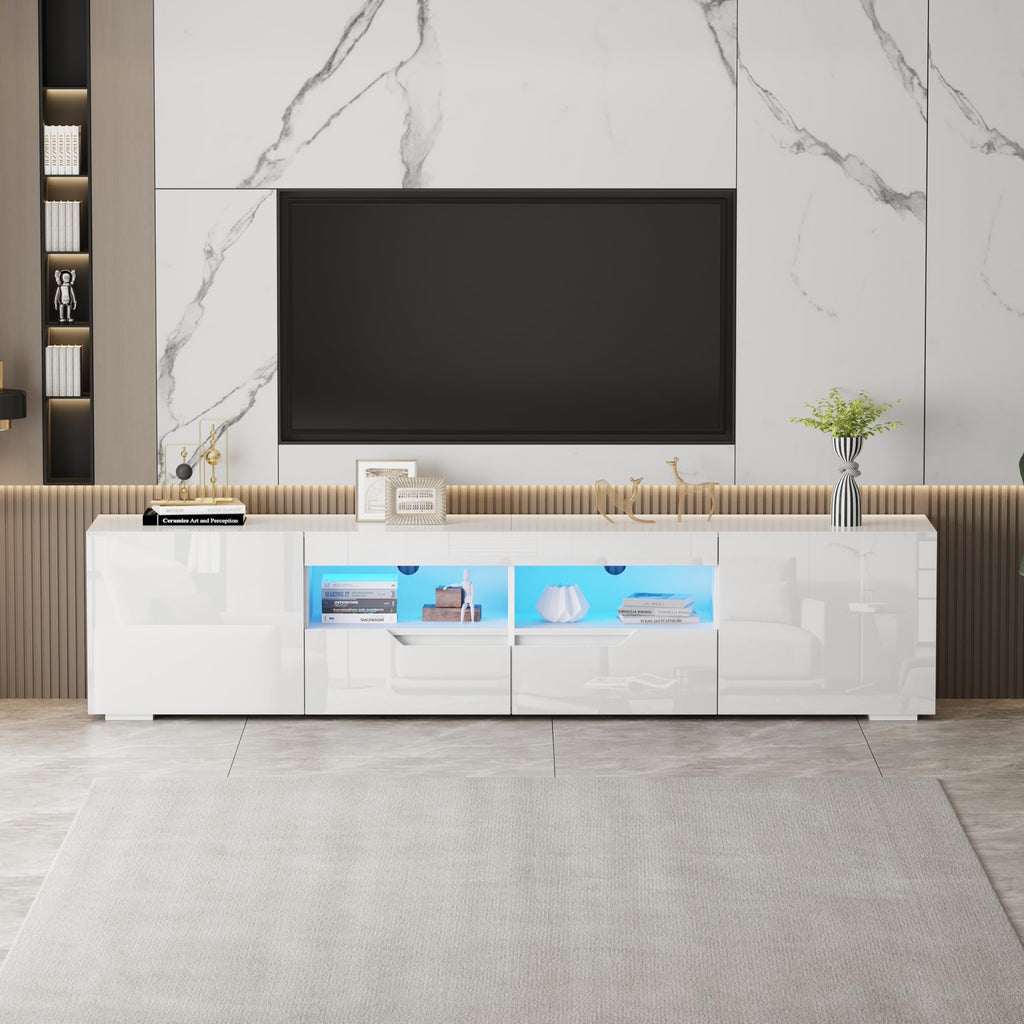 TRIOBLADE 200cm TV Stand Cabinet with Storage White High Gloss TV Unit Cabinet with LED Lights Modern Entertainment Unit for Living Room Bedroom for up to 75" TVs (white tv stand)