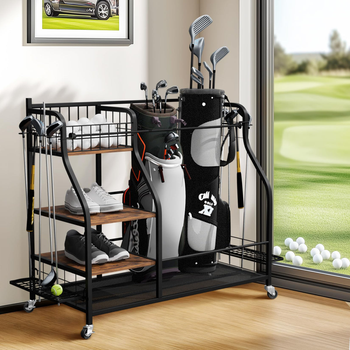 Wisfor Golf Storage Garage Organizer, Golf Rack fits 2 Golf Bags with Lockable 360° Wheels Stand for Indoor & Outdoor Golf Equipment Storage with 3 Shelves, Club Holder, Ball Basket & Hooks