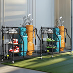 Wisfor Golf Storage Garage Organizer, Golf Rack fits 2 Golf Bags with Lockable 360° Wheels Stand for Indoor & Outdoor Golf Equipment Storage with 3 Shelves, Club Holder, Ball Basket & Hooks