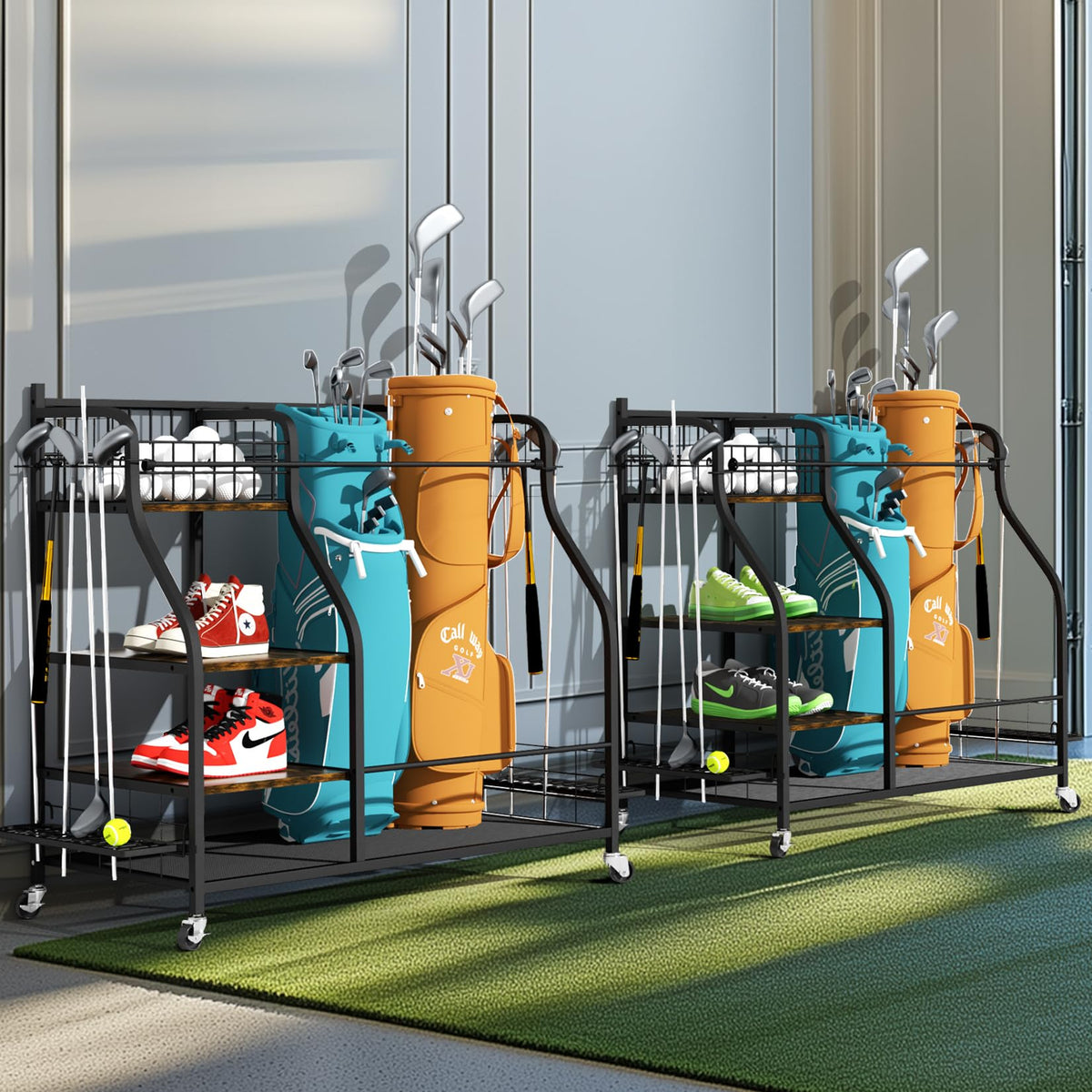 Wisfor Golf Storage Garage Organizer, Golf Rack fits 2 Golf Bags with Lockable 360° Wheels Stand for Indoor & Outdoor Golf Equipment Storage with 3 Shelves, Club Holder, Ball Basket & Hooks