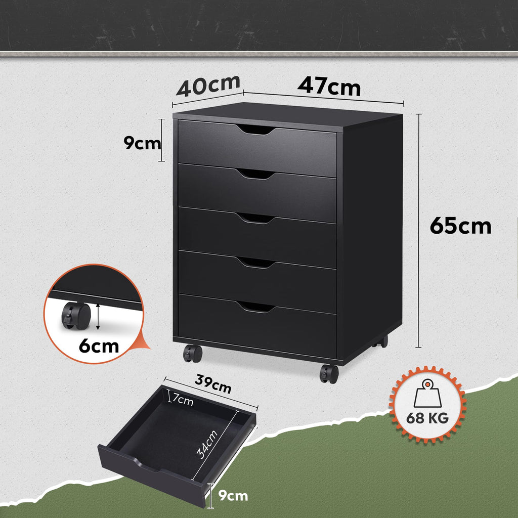DEVAISE 5 Drawer Mobile Filing Cabinet Black