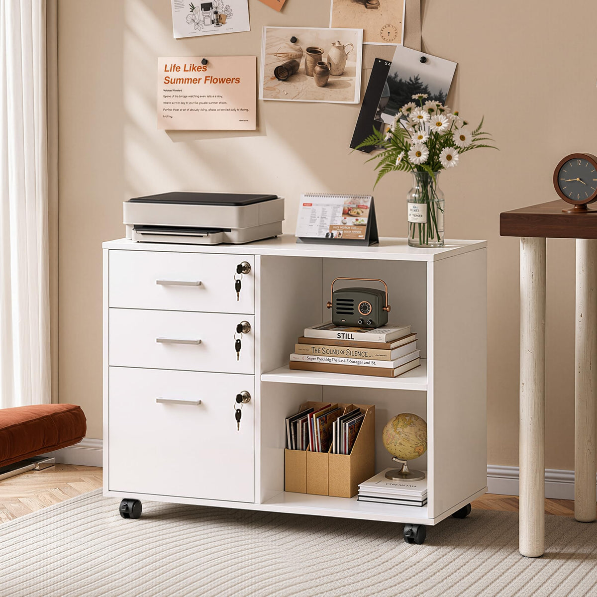 DEVAISE 3-Drawer File Cabinet with Lock, Mobile Wood Filing Cabinet, White
