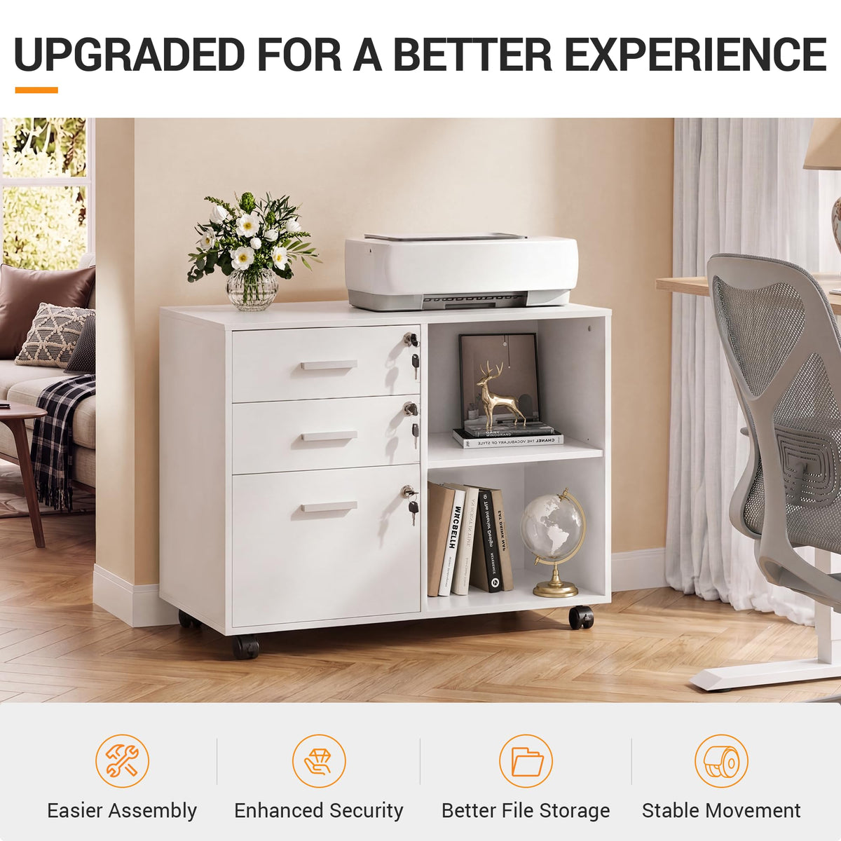 DEVAISE 3-Drawer File Cabinet with Lock, Mobile Wood Filing Cabinet, White
