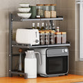 Extendable Microwave Oven Rack, 3-Tier Adjustable Microwave Shelf with 8 Hooks, 14.2 ''- 24.4 '' L Microwave Stand Countertop, Kitchen Over Microwave Shelf with Suction Cup Foot, Microwave Rack Black